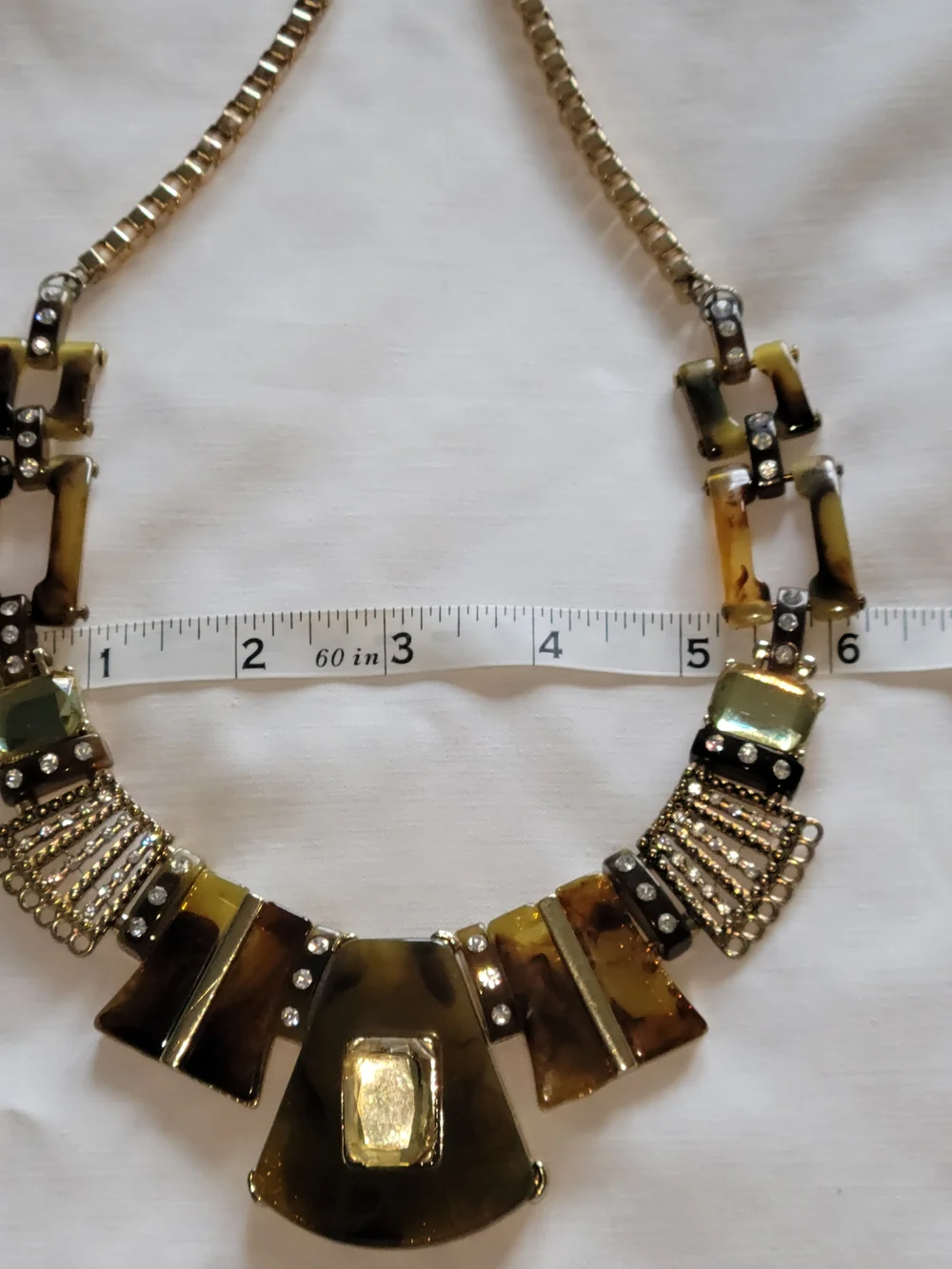 Faux Tortoise Shell Bib Statement Necklace w 3 Gold Tone Stone & Inticate Panels - Picture 8 of 9